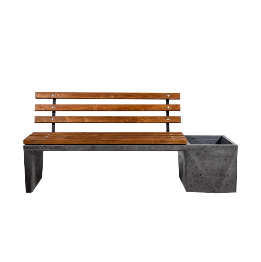 Bancă de beton cu spetează din lemn şi ghiveci