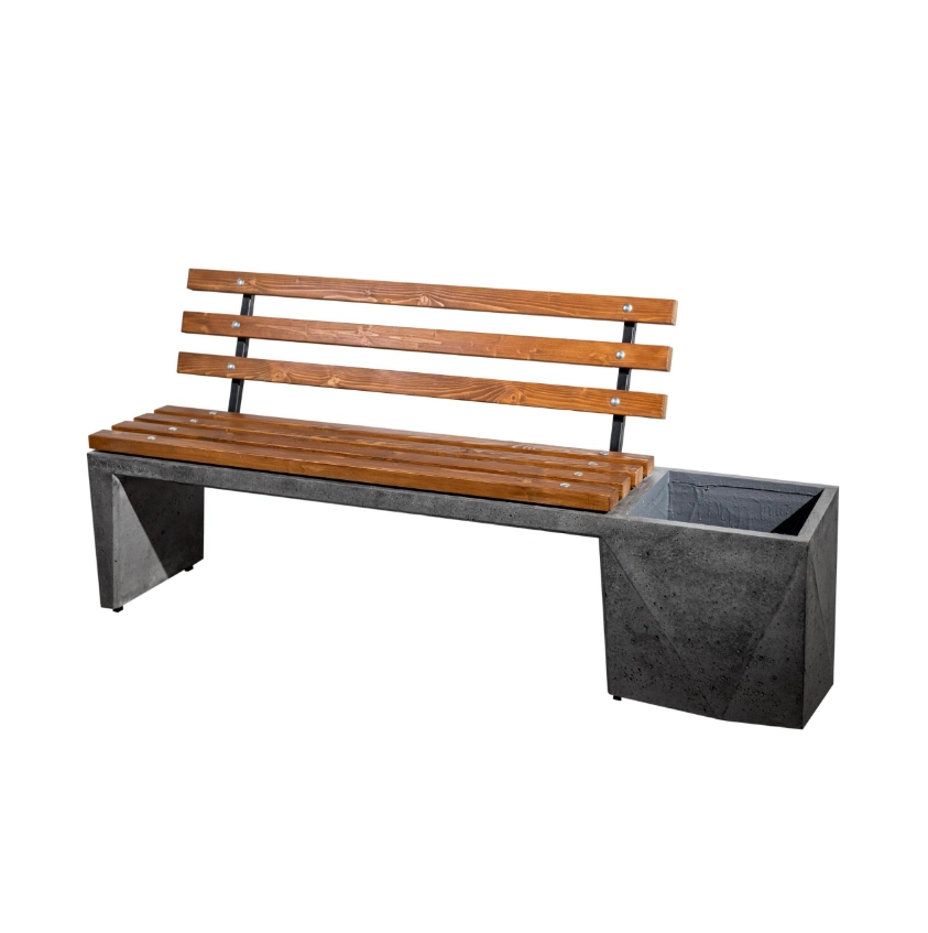 Bancă de beton cu spetează din lemn şi ghiveci