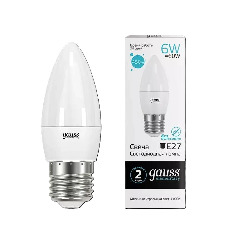 Лампа Gauss LED C37 6W E27 41K