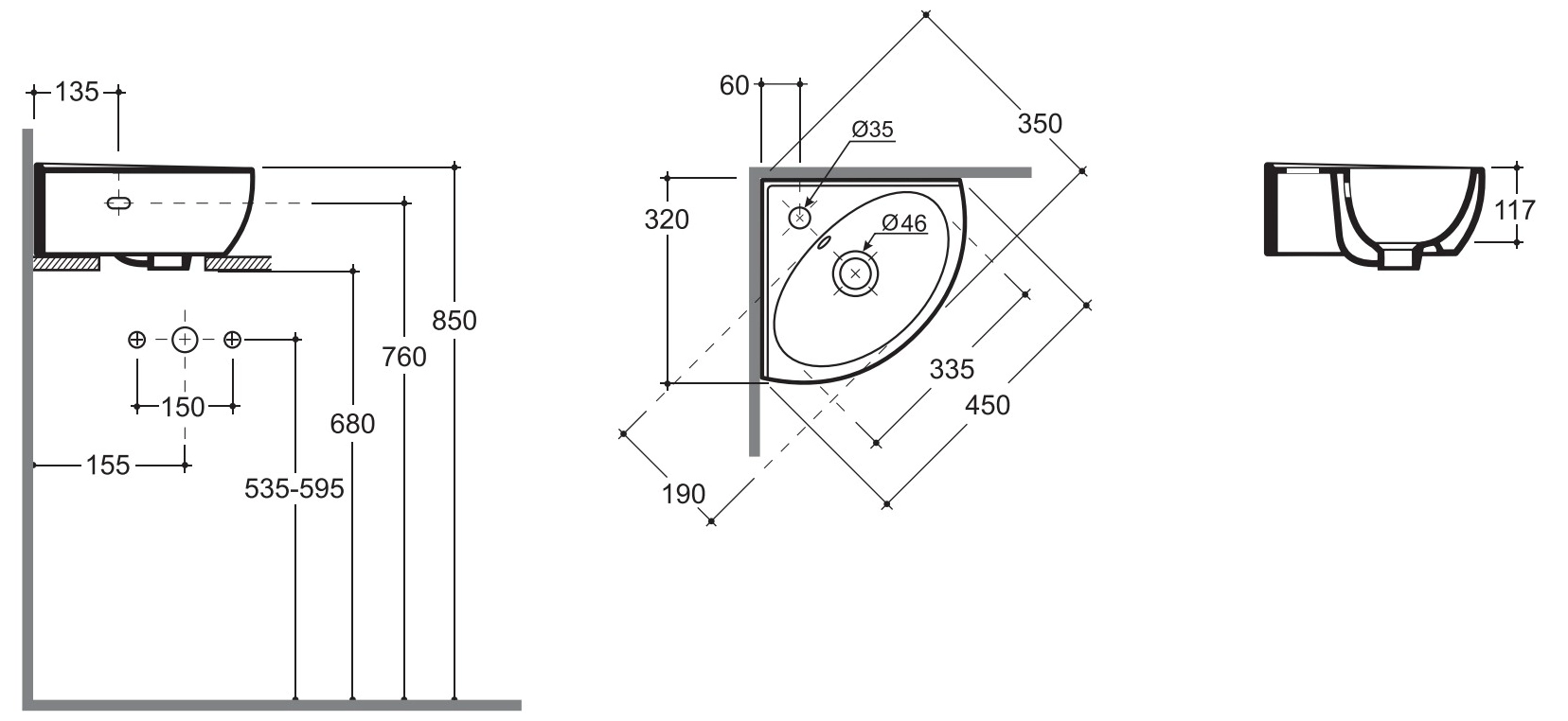 Lavoar Keramin de colt Lago 45 alb 1c
