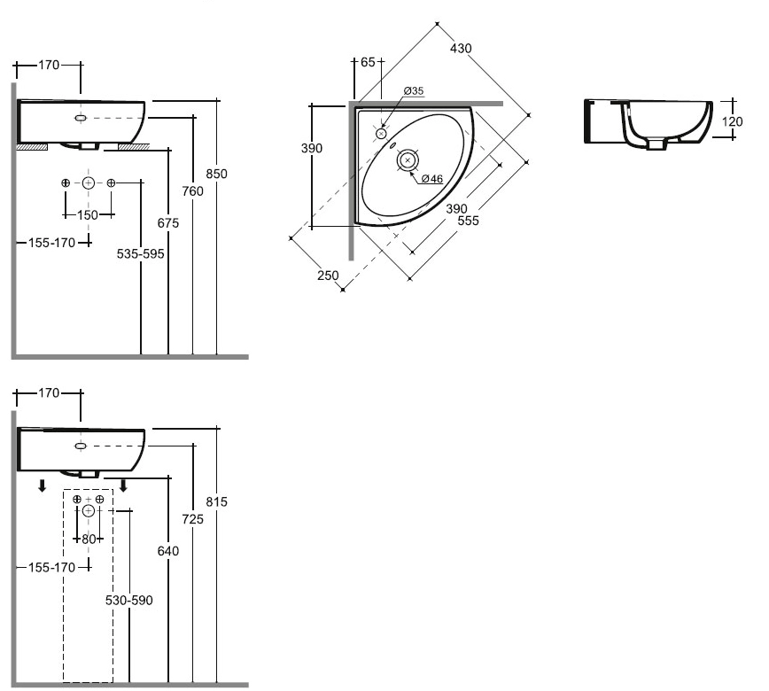Умывальник Keramin Lago угловой 55 белый 1c 